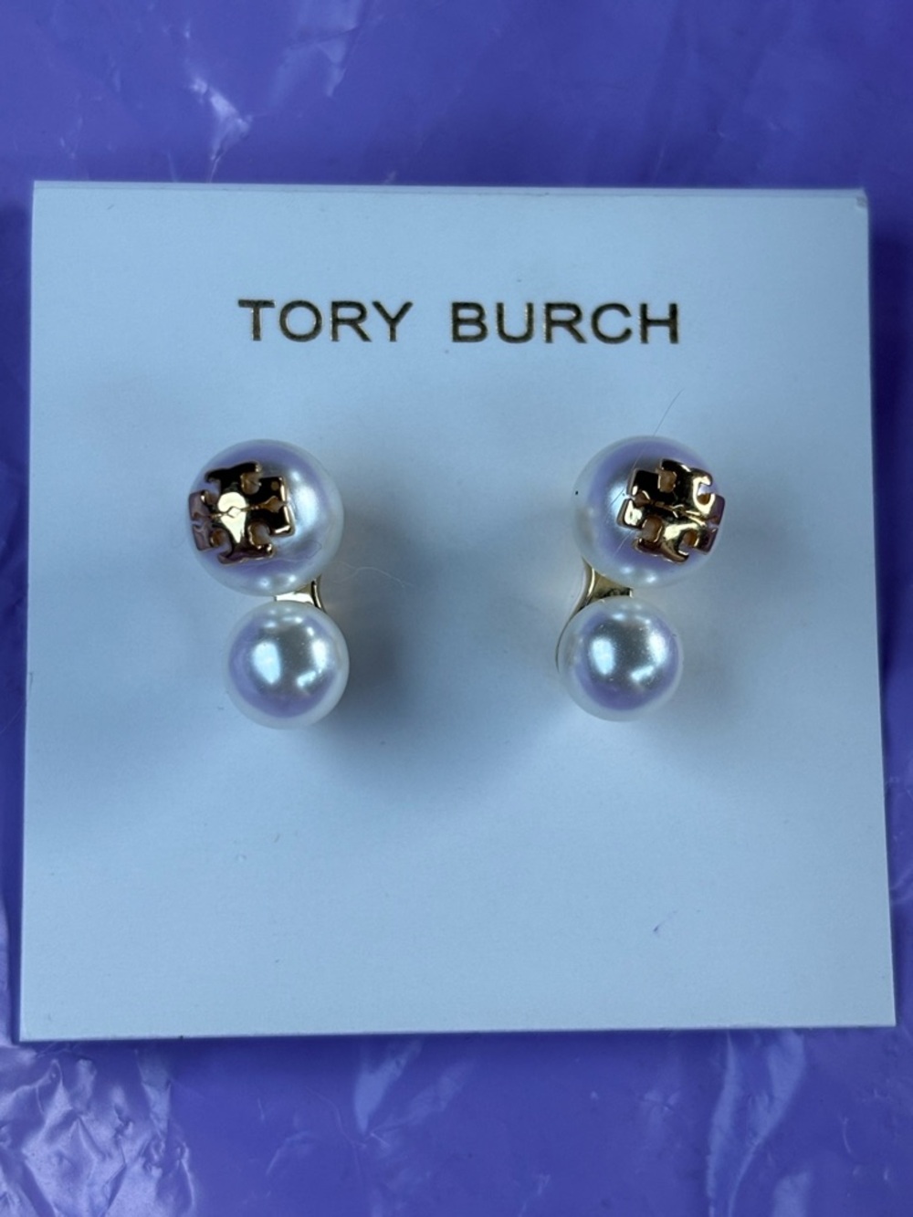 Tory Burch Double Pearl Stud Earrings with Gold Logo brand new!